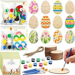 BreezeHug 48 Set Wooden Easter Ornaments to Paint Pre Drawn Wooden Eggs Painting Crafts Hanging Decor DIY Egg Cutouts Ornaments Set Acrylic Paint Gift Bag Greeting Card for Easter Party Supplies