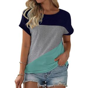 Womens Color Block Short Sleeve Tops Casual Summer T-Shirt (Large, Navy Blue+ Grey+ Blue)