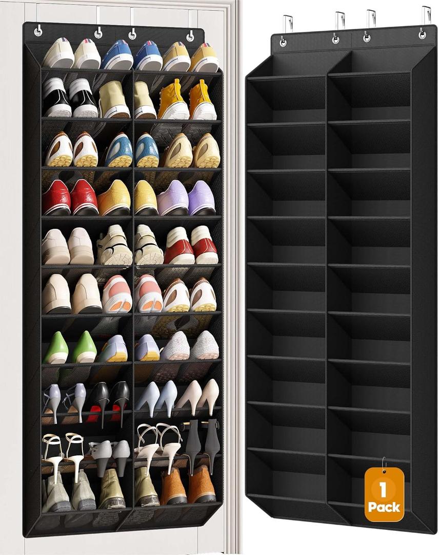 20-30 Pairs Over the Door Shoe Organizer, 10 Tiers Shoe Rack for Door, Hanging Shoe Organizer Storage for Closet, Bedroom, Bathroom with Wider & Deeper Pockets, Black