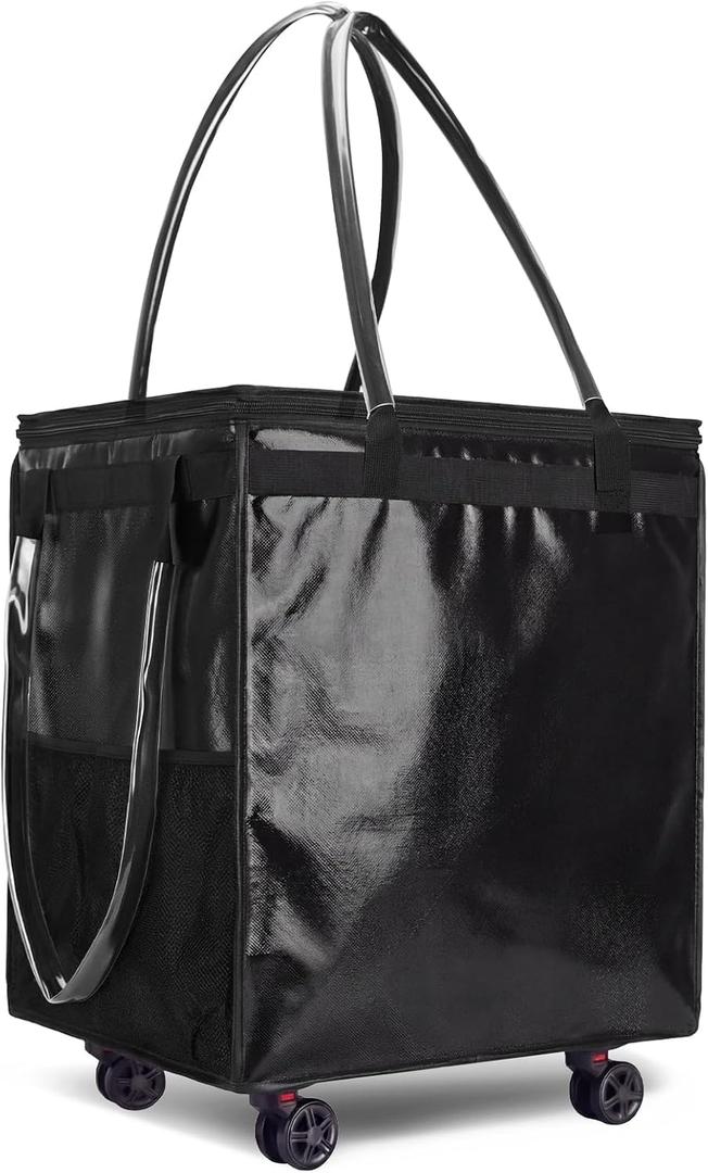 (Medium) Fanwoli Reusable Grocery Bag on Wheels with Upgraded Wrinkle-Resistant Fabric | Enhanced Stability Wheels & Extended Handle | Foldable Shopping Trolley for Laundry, Carries Up to 66 L
