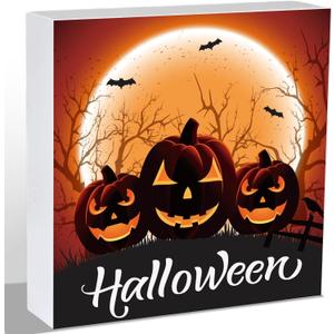 Halloween Decorations Indoor Home Room Pumpkins Table Sign Wood Box Rustic Wooden Shelf Desk Office Decor Season Sign House Warming Gifts 5.9 x 5.9 Inch