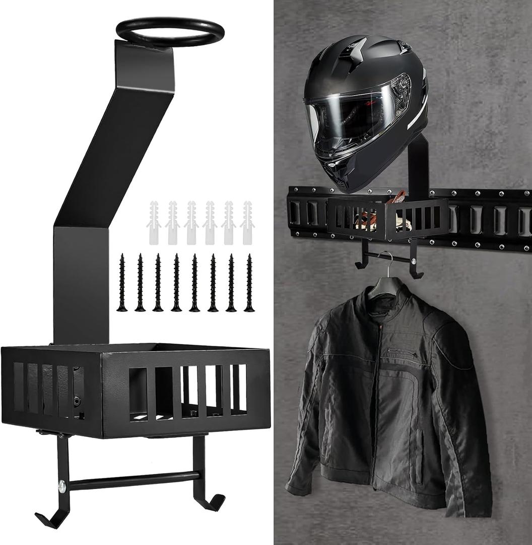 E Track Motorcycle Helmet Holder with Tray  Hooks, Universal Wall Mount Helmet Rack for Garage or Workshop Organization