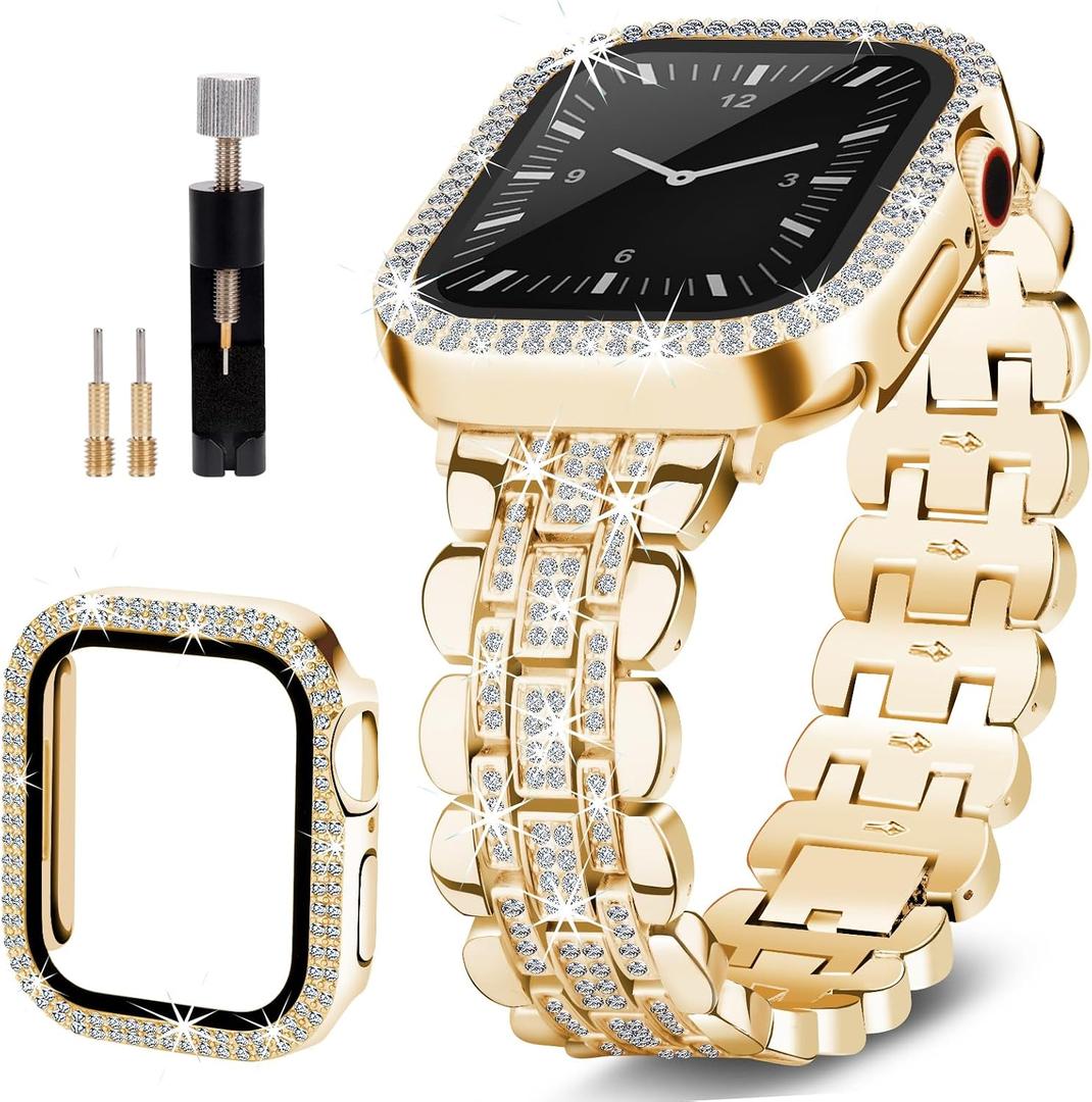 Bling Bands Compatible with Apple Watch Band 44mm for Women, Diamond Jewelry Replacement Metal Wristband Strap Shiny Bracelet with Crystal Protector Casefor iWatch Series 6/5/4/SE