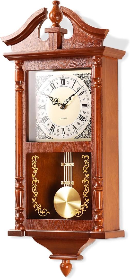 AYRELY 25IN Grandfather Vintage Wall Clock with Pendulum and Chime, Hour/Quarter-Hour Chime, Rubberwood Frame, Large Vintage Wall Clock for Living Room, Home Decor Gift (Brown)