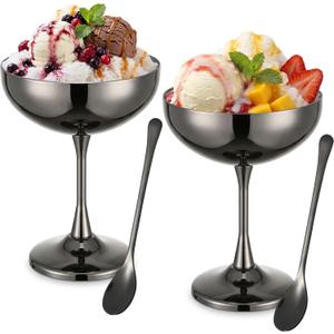 Thenshop 2 Sets Stainless Steel Ice Cream Bowls 270 Ml/9.13 oz Reusable Black Footed Sundae Cups with Spoons Yogurt Snack Candy Serving Cups Sauce Bowls for Fruit Pudding Wedding Birthday Party