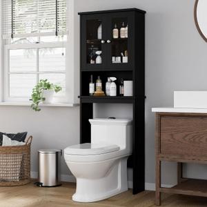 Shintenchi Over The Toilet Storage Cabinet, Bathroom Shelf Organizer with Anti-Tip Device Small Freestanding Space Saver with Adjustable Shelf and Glass Door, Black