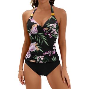 B2prity Halter Tankini Swimsuit for Women Tummy Control Two Piece Bathing Suit V Neck Swimwear with Shorts (Large, 15)