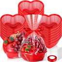 24 Pcs Valentine's Day Heart Baskets Hollow Fruit Basket with Clear Packaging Bags and Red Ribbon for Centerpiece, Wedding Favor, DIY Treat Box, for Fruit, Candy, or Small Gifts