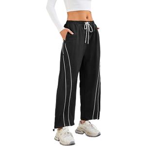 aswulk Womens Baggy Wide Leg Track Pants Drawstring High Rise Striped Elastic Waist Workout Pants with Pockets Black L