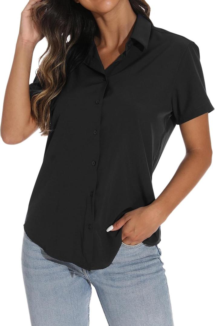 GUANYY Women's Short Sleeve Button Down Shirt Womens Shirts Dressy Casual Business Work Blouses V Neck Collared Tops (X-Large, Black)