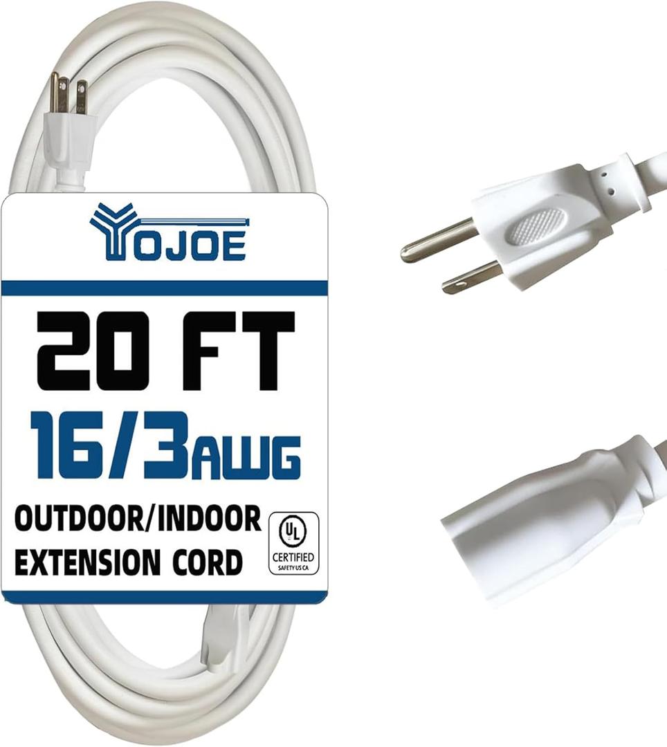 YOJOE Indoor Outdoor Extension Cord, 3 Prong 13A Weatherproof Power Cord, 16 Gauge Heavy Duty 20 ft White Extension Cord for Garage, Garden and Home, 16/3 SJTW UL Listed