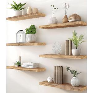 PHPH Wood Floating Shelves for Wall, Wooden Wall Shelves for Bedroom, Set of 6 Light Brown 17 Inch