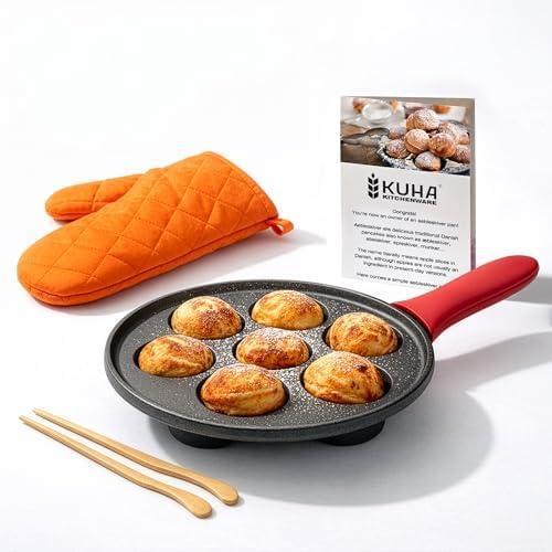 KUHA Cast Iron Aebleskiver Pan | Pre-Seasoned Pan for Authentic Danish Pancake Making, Poffertjes, Takoyaki, Appam & Paniyaram | Silicone Handle, Oven Mitt & Bamboo Skewers Included | 7.9" Diameter
