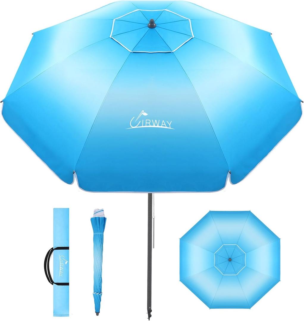 UIRWAY 7.5FT Beach Umbrella, Heavy Duty Windproof Beach Umbrellas with Sand Anchor & Tilt, Sun Protection Portable Beach Umbrella with Carrying Bag for Beach, Patio Garden Pool Outdoor