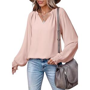Dokotoo Blouses for Women Dressy Casual Flowy Boho Tops V Neck Long Sleeve Shirts Spring Outfits 2026, S, Beige