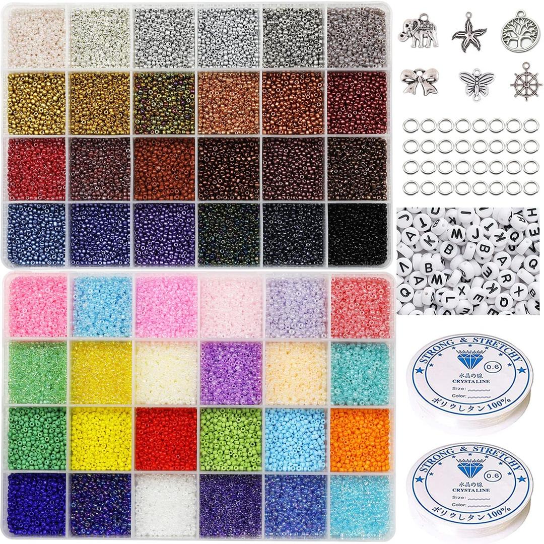 31200pcs Glass Seed Beads 48 Colors 2mm 12/0 Bracelet Beads for Jewelry Making Kit with Letter Alphabet Beads, 2 Rolls Elastic String Cord, Charms and Jump Rings for Jewelry Making48 Colors