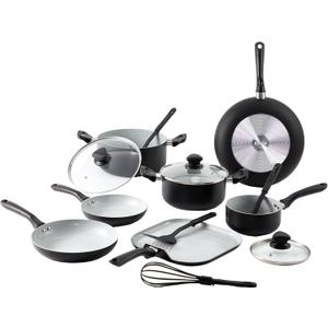 IMUSA Nonstick Ceramic Cookware Set 14-Piece, with Soft-Touch Handles, Aluminum, Black