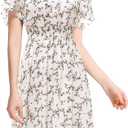 Gardenwed Chiffon Floral Dresses Summer Midi Wedding Guest Dress V Neck for Women Elastic Waist (Large, White Small Flower)