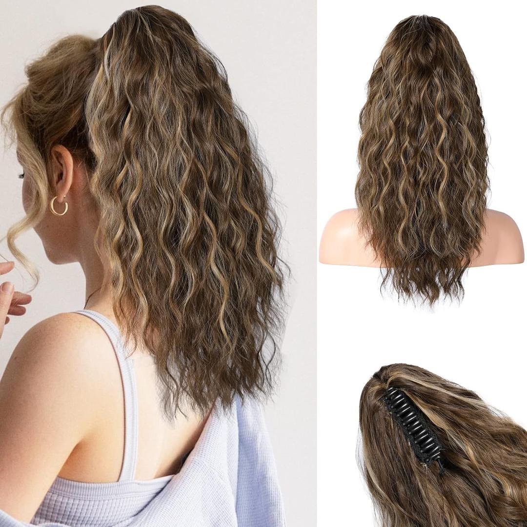 Reecho Ponytail Extension, 18 Inch Claw Clip Ponytail Extension for Women Long Curly Wavy Synthetic Hairpiece for Daily Use - Chocolate Brown with Blonde Highlights