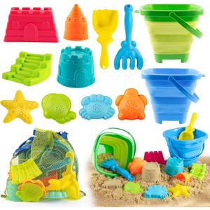 Collapsible Beach Toys Set for Kids,Sand Bucket Shovel, Rake, Mesh Bag 4 Molds & Castle Building Set for Beach Travel,Sandbox Toys, Foldable Beach Essentials for Toddlers 3-10(Blue&Green)