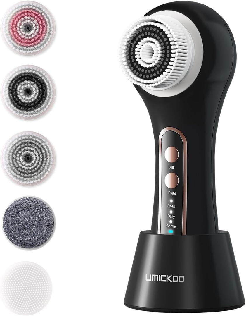 UMICKOO Face Scrubber Exfoliator, Rechargeable Facial Cleansing Brush with 2-Way Rotation & 3 Modes, 30-Day Runtime, 5 Brush Heads for SPA-Level Care, IPX7 Waterproof, Deep Cleaning for All Skin Types (Black Color)
