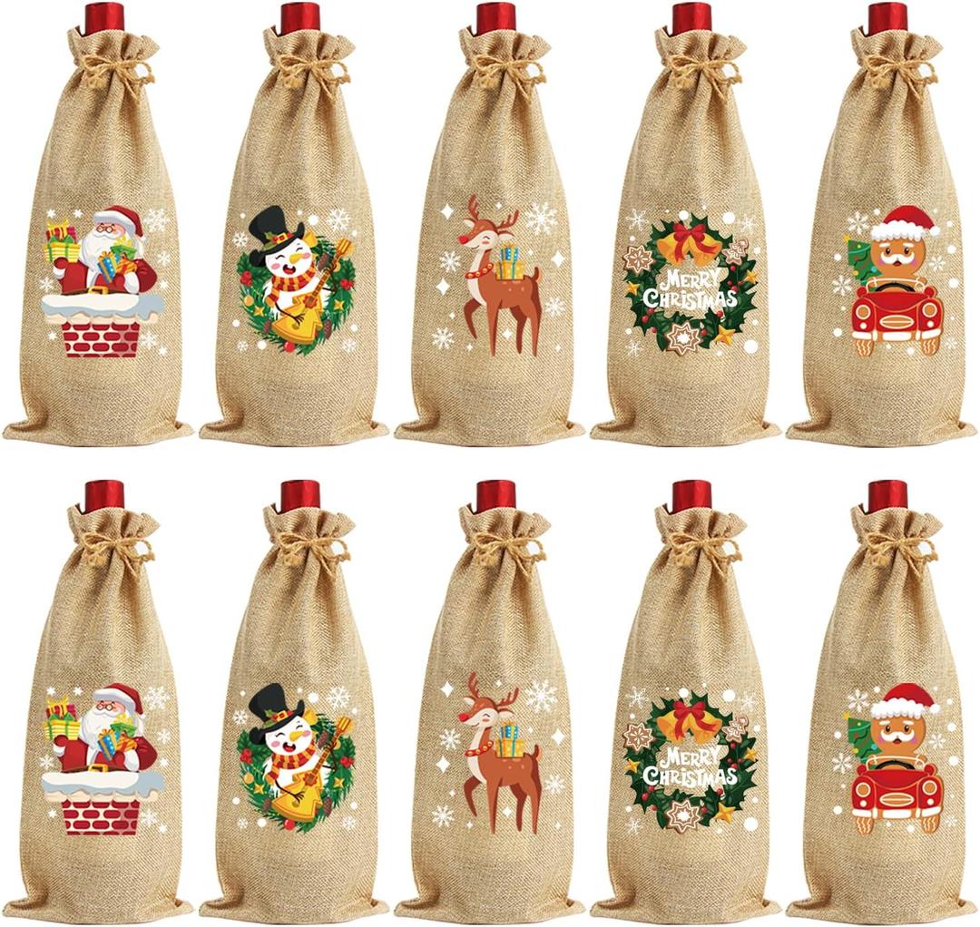 FOIMAS Christmas Burlap Bottle Bags,10pcs Xmas Bottle Gift Bag Cover with Drawstring for Christmas Party Wedding Party Supply (brown)