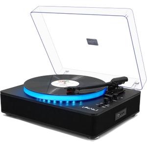 LP&No.1 Record Player with Built-in Stereo Speakers, LED Control, 3-Speed Belt-Drive Vinyl Turntable with USB Playback & Recording, Wireless Input & Output, Auto Stop, Pitch Control | Black