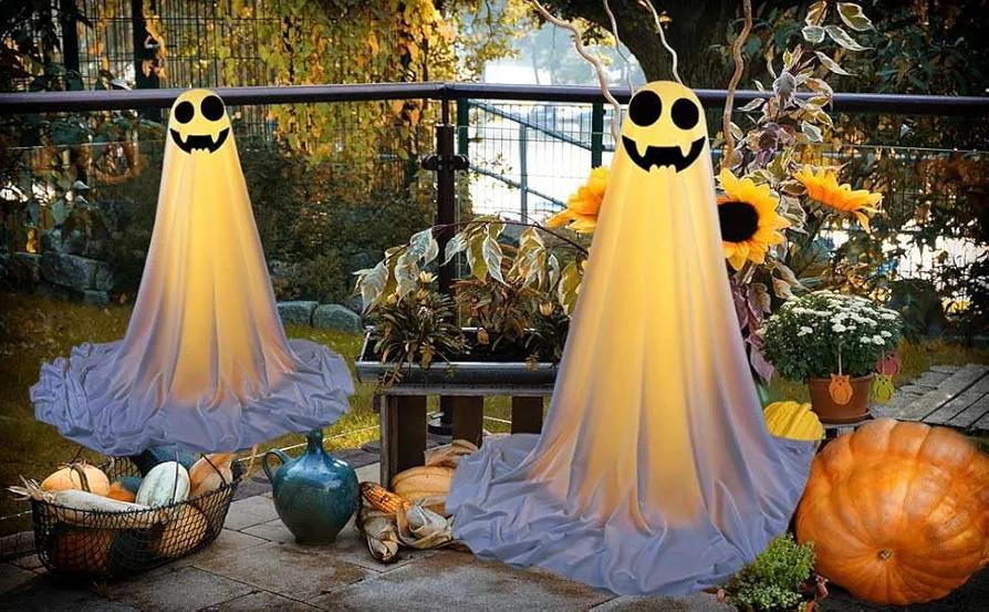 2Pcs Ghost Decor, Halloween Decorations Outdoor, Halloween Party Decorations Indoor, Easy to Assemble Ghost Decorations for Front Porch Yard, Halloween Ghost Lights for Porches, Yards, Gardens, Lawn (Beige)