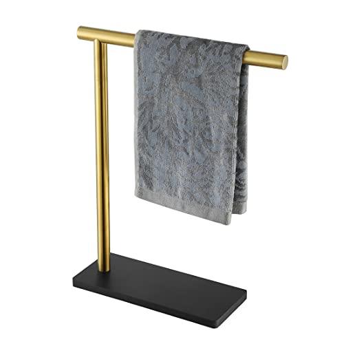JQK Hand Towel Holder Stand Brushed Gold, Modern Tree Rack Free Standing for Countertop with 12 Inch Bar, 304 Stainless Steel Thicken 0.8mm, HTT170-BG