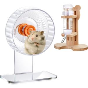 2 Pcs 7 Inch Transparent Adjustable Silent Hamster Exercise Wheels and Hamster Water Bottle Set Guinea Pig Running Wheels with Stand Water Dispenser Stand Holder for Guinea Small Animal
