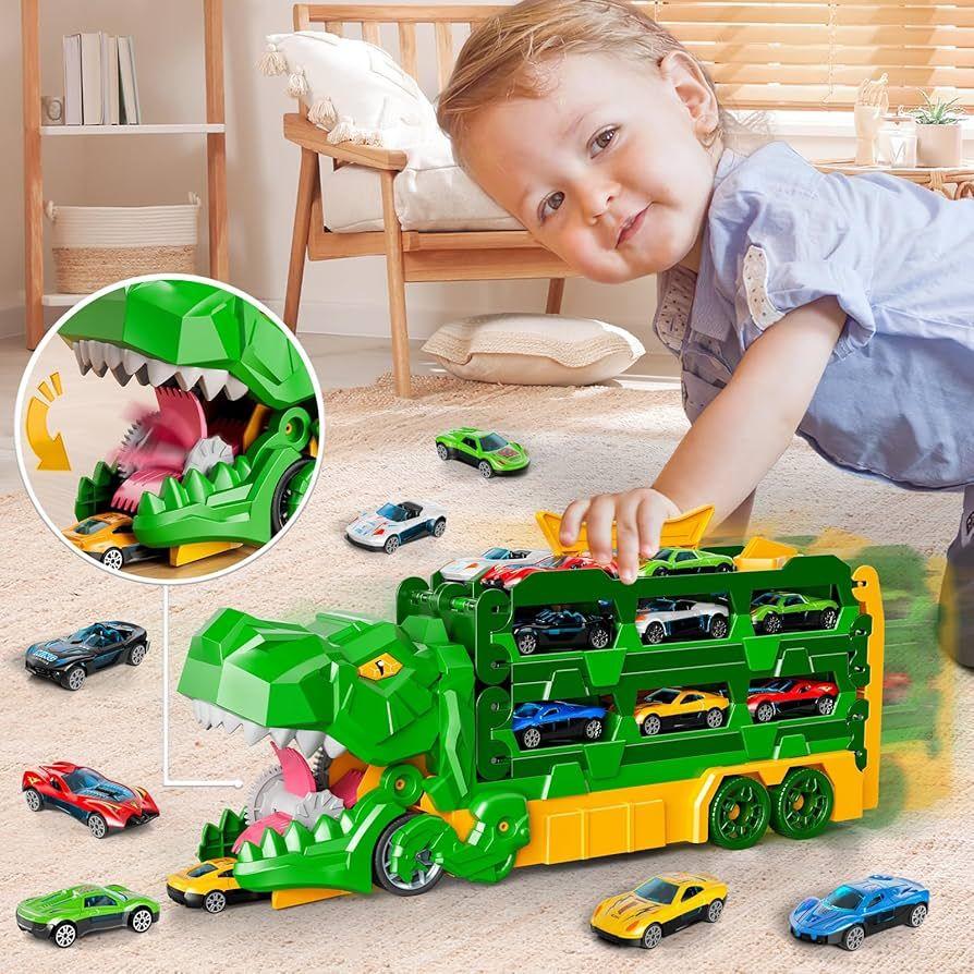 BLmukce Dinosaur Race Track Toys for Kids 35 | 59" Dual Track Transport Truck with 12 DieCast Cars | Swallow & Race Action | Carrier Truck Toy Birthday Gift for 4 5 6+ Years Old Boys & Girls (Green)