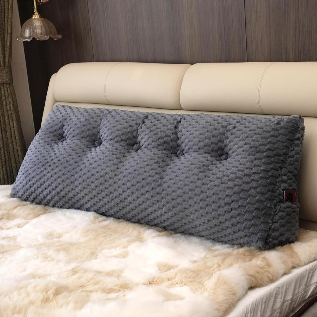 Large Headboard Wedge Pillow, Bed Rest Reading Pillow, Back Support Long Pillow, Bed Bolster Rest Reading Pillow with Removable Cover (Grey, Queen:59 * 20 * 8Inches)