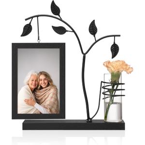 Afuly 4x6 Picture Frame Black with Metal Stand Glass Vase, Double Sided Glass Photo Frames, Wood Picture Frames Desk Modern Home Decor Anniversary wedding Gift for Couple Grandma Mom