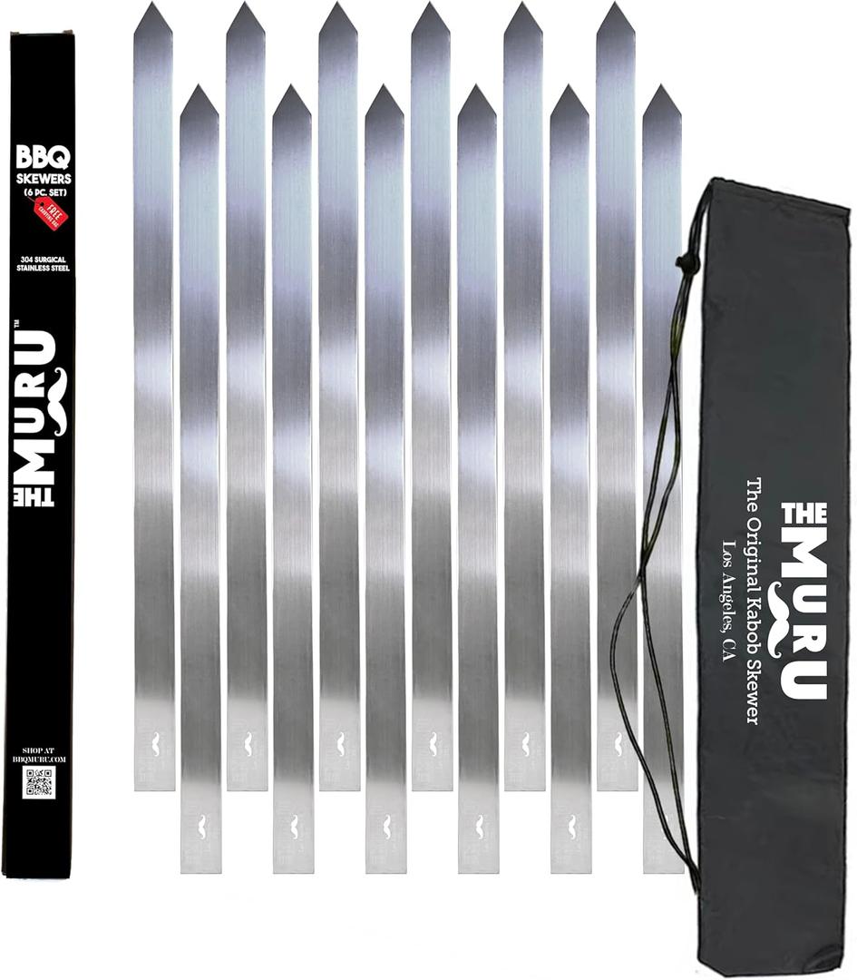 Muru Skewers - The Original Kabob Skewers, 304 Stainless Steel 1.25" Thick for Even Cooking - Heavy-Duty BBQ Grill Skewers, Reusable & Easy to Clean (12) Muru Skewers - The Original Kabob Skewers, 304 Stainless Steel 1.25" Thick for Even Cooking - Heavy-Duty BBQ Grill Skewers, Reusable & Easy to Clean (12)