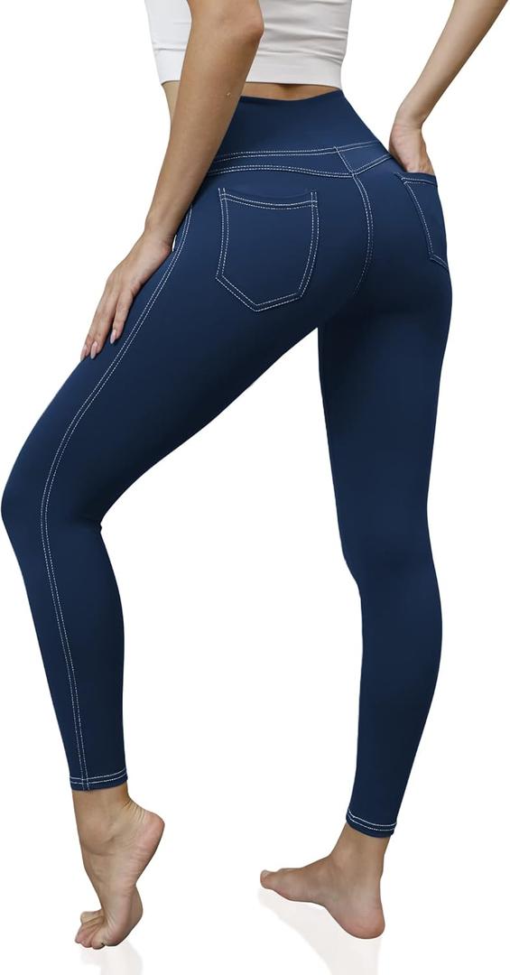 VOOVEEYA Jeggings for Women High Waist, Leggings with Pockets Tummy Control Plus Size Stretchy Jeans Leggings (Large, Navy Blue)