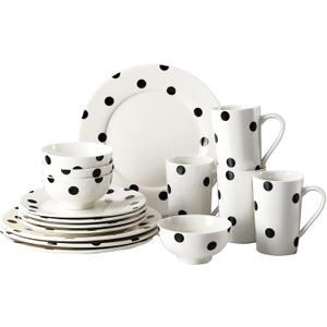 16-Piece Black and White Polka Dot Porcelain Dinnerware Set for 4  Includes Plates, Bowls & Mugs, Dishwasher & Microwave Safe, Ideal for Home Dining & Gifts