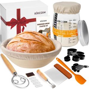 Complete Sourdough Starter Kit, Kikcoin 26PCS Banneton Bread Proofing Basket Set Includes 35oz Sourdough Starter Jar, Sourdough Bread Baking Supplies with Bread Lame, Danish Whisk, Dough Scraper (10" Round Basket & Sourdough Jar)