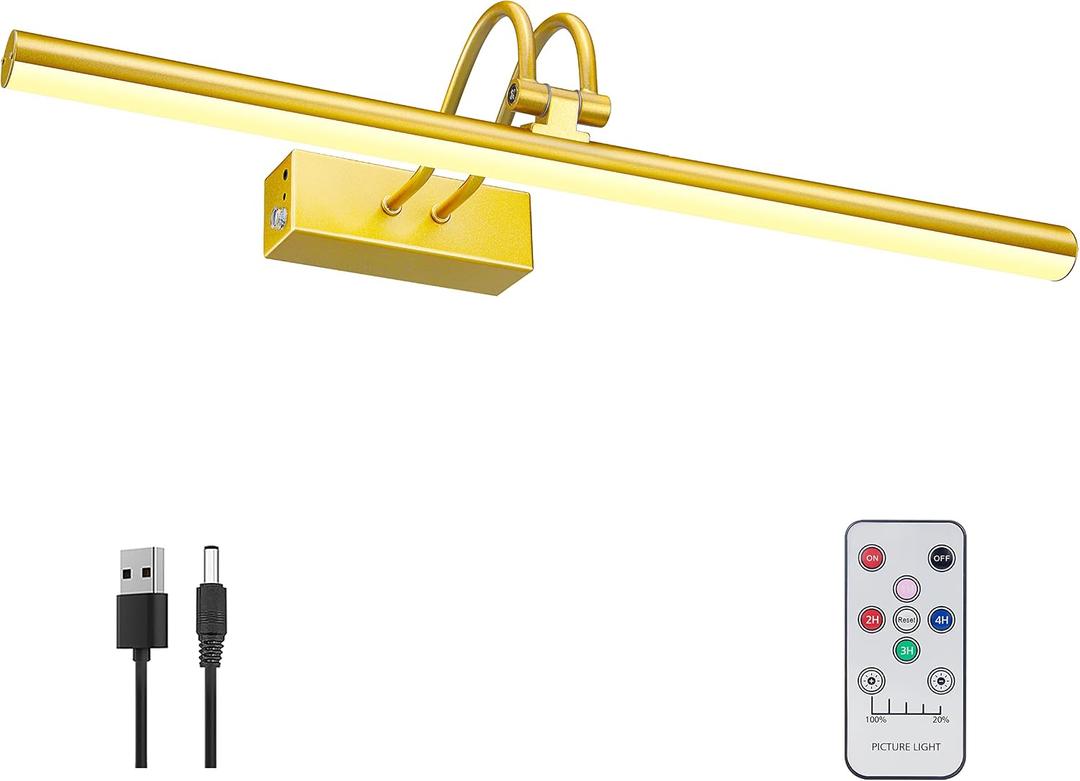 Picture Light, Cordless Picture Lights for Wall with Timer and Dimmable, 16 Inch Metal Battery Operated Wall Lights with 5000mAh Battery for Display Gallery Painting Art Frame Portrait - Gold