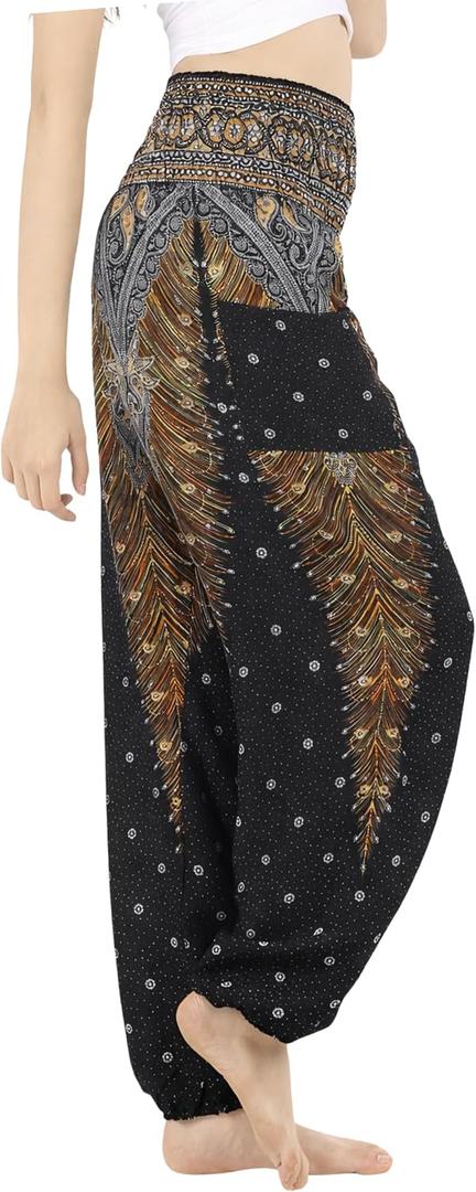 Boho Pants 2-Pocket Flowy Harem Pants Women for Yoga Travel Hippie Clothes (Black) Large
