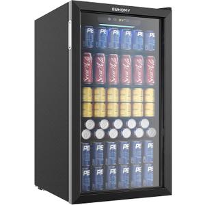 EUHOMY Beverage Refrigerator Cooler, 125 Can Mini Fridge with Glass Door for Soda Beer or Wine, Beverage Cooler for Home, Office, Bar with Adjustable Removable Shelves, Black, 3.2 CUFT-Flat Shelf