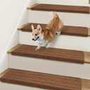 Bullnose Stair Treads Non Slip 9.5" x 32", 14 Pcs Carpet Stair Treads for Wooden Steps Indoor with Edge Protection, Reusable Peel and Stick TPU Backing Stair Runner Rugs - Line Pattern Brown
