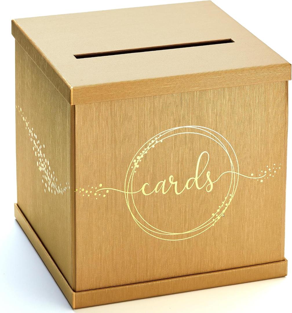 Gold Card Box, Large 10 Gift Card Box for Party, Graduation, Wedding Reception, Bridal & Baby Shower, Sweet 16, Funeral, Birthday, Quinceanera, Retirement, Money Basket, Envelope Holder with Slot Lid