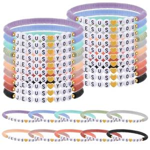 Landical 30 Pcs Jesus Loves You Bracelets Bulk Friendship Bracelets Clay Bead Christian Wristbands for Kids Religious Jesus Loves You Wristbands First Communion Sunday Easter(Morandi)