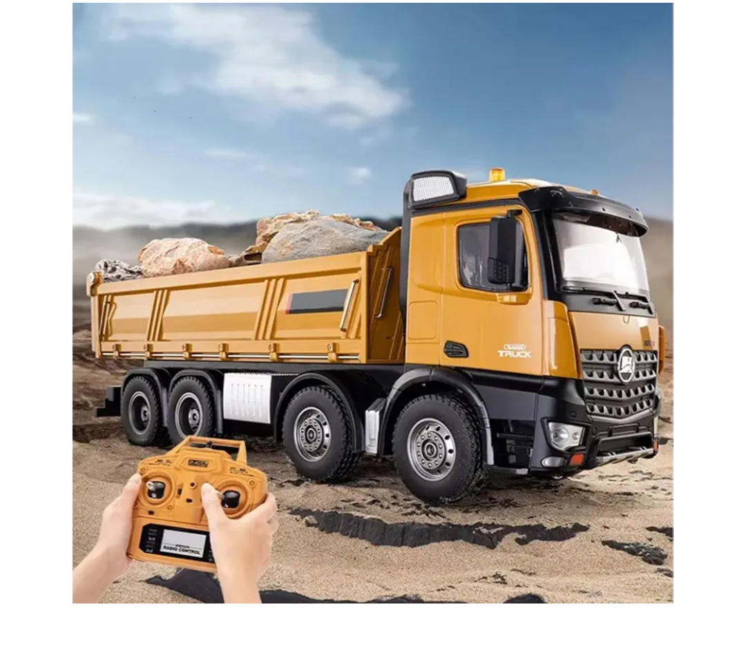 1:14 Scale RC Dump Truck, 4WD 2.4Ghz RC Truck with Trailer, 12CH RC Construction Vehicle with Light and Sound, Four-Wheel Steering, RC Toy Car for Boy Girl Birthday Gift