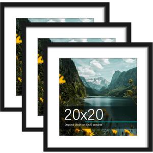 Picrit 20x20 Picture Frame 3 Pack, Display Poster 16 x 16 with Mat or 20 x 20 without Mat for Horizontal or Vertical Wall Mounting, BLACK
