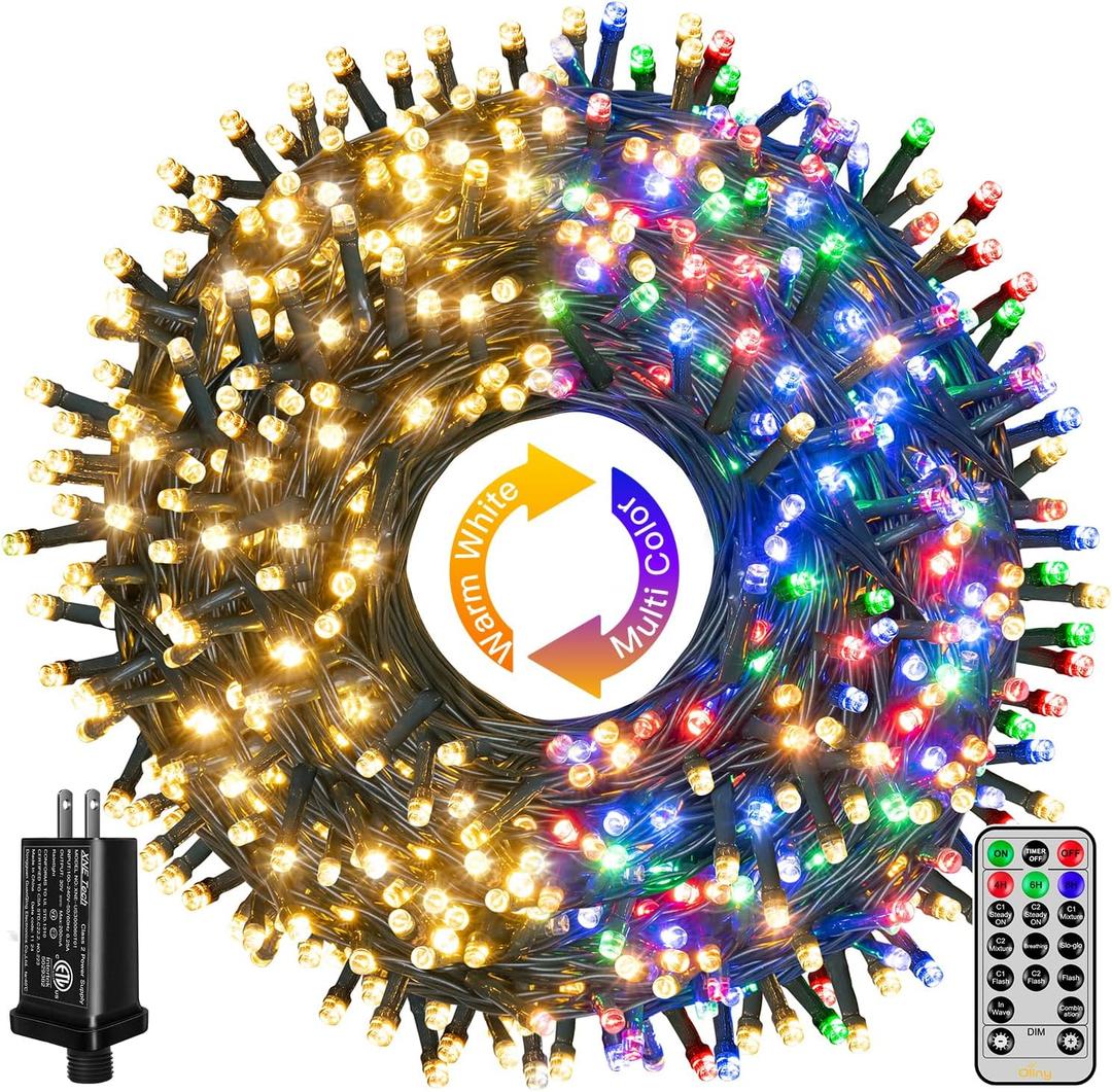 Ollny Christmas Lights, 210FT 640LED Color Changing Christmas Tree Lights with 11 Modes Remote Control, Waterproof Outdoor Light for Outside Indoor Patio Weddings Xmas Decorations (640 LED Dark Green Wire, Warm White & Multicolor)