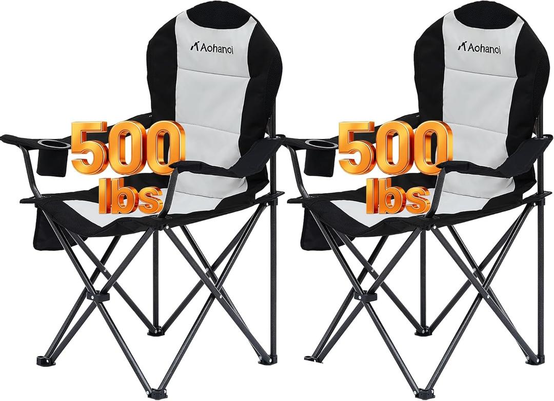 Aohanoi Camping Chairs for Heavy People, Folding Chairs for Outside Outdoor Folding Chairs with Cup Holder & Cooler Bag, Camp Chairs Supports up to 400lbs(2 PC, Black White)