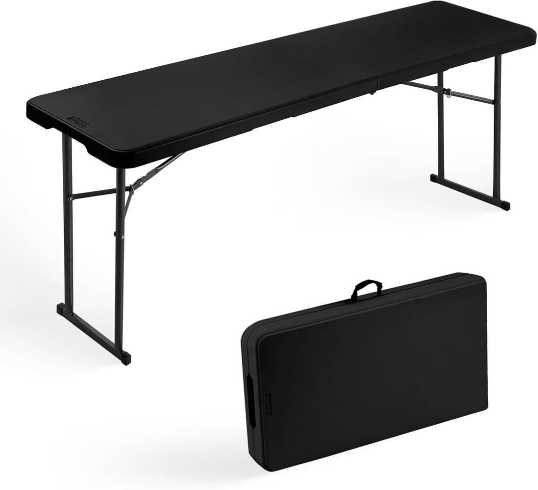Byliable Folding Table 6FT Narrow Portable Foldable Plastic Heavy Duty Long Table, Fold-in-Half with Carrying Handle for Indoor Outdoor Meeting, Buffet, Party, Wedding, Home Work, 6 Foot, Black