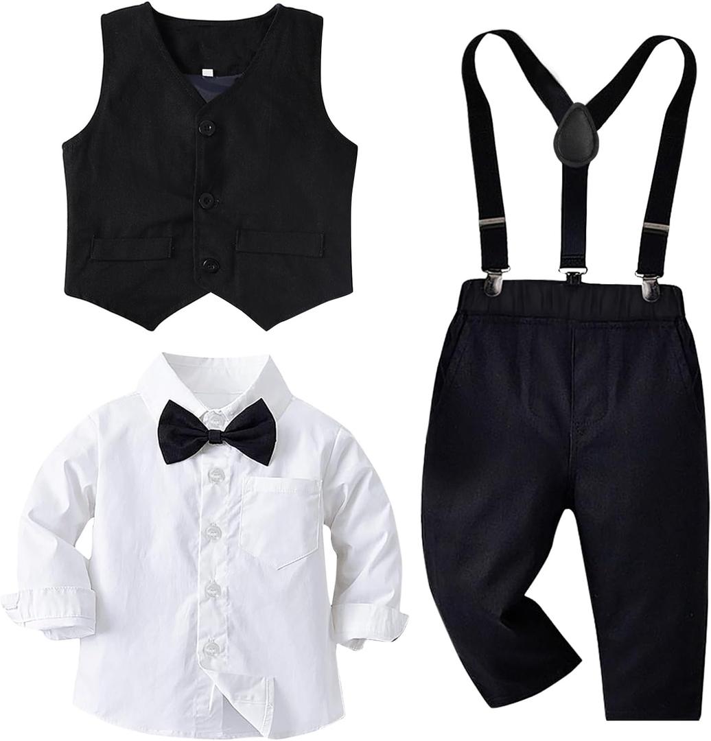 Toddler Baby Boy Clothes Suit 5Pcs Gentleman Wedding Party Outfits，Formal DressShirt+Bowtie+Vest+Suspender Pants Size: B 2-3T