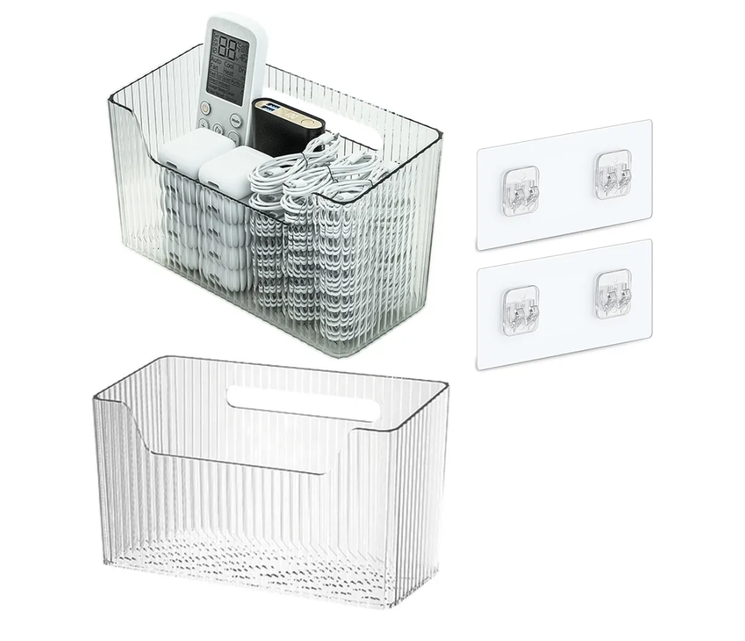 Set Of 2 Storage Organizer Bins Wall Mounted Shower Basket, Shower Caddy Stackable Clear Plastic Makeup Organizer Adhesive Hanging Bin for Bathroom, Kitchen, Cabinet, Pantry, BPA Free, Clear